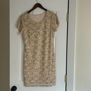 Beige beaded and sequined Pink Lily dress. Size M. Flapper style dress.